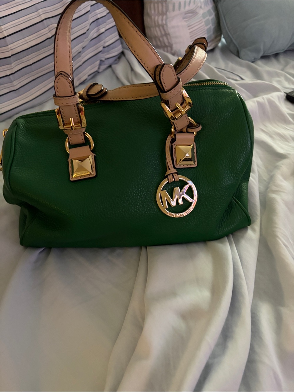 Michael Kors Green Leather Satchel with Beige Trim